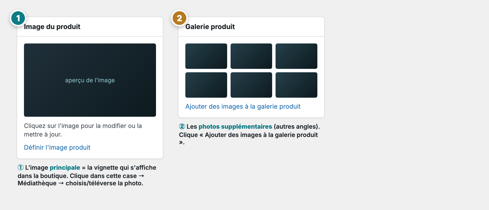 Cases « Image du produit » et « Galerie produit » de WooCommerce