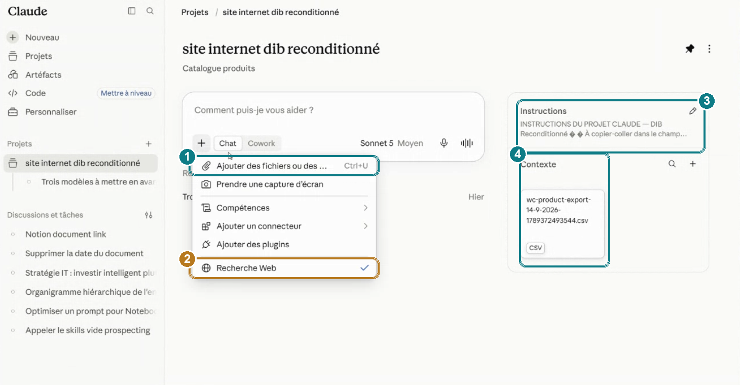 Écran du projet Claude DIB, menu + ouvert
